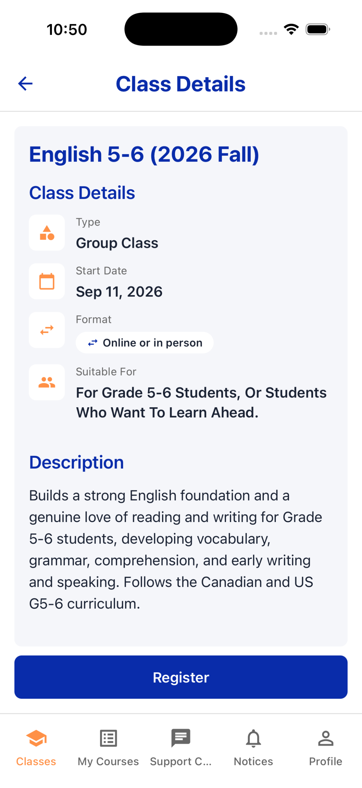 2. Open a course, then tap Register